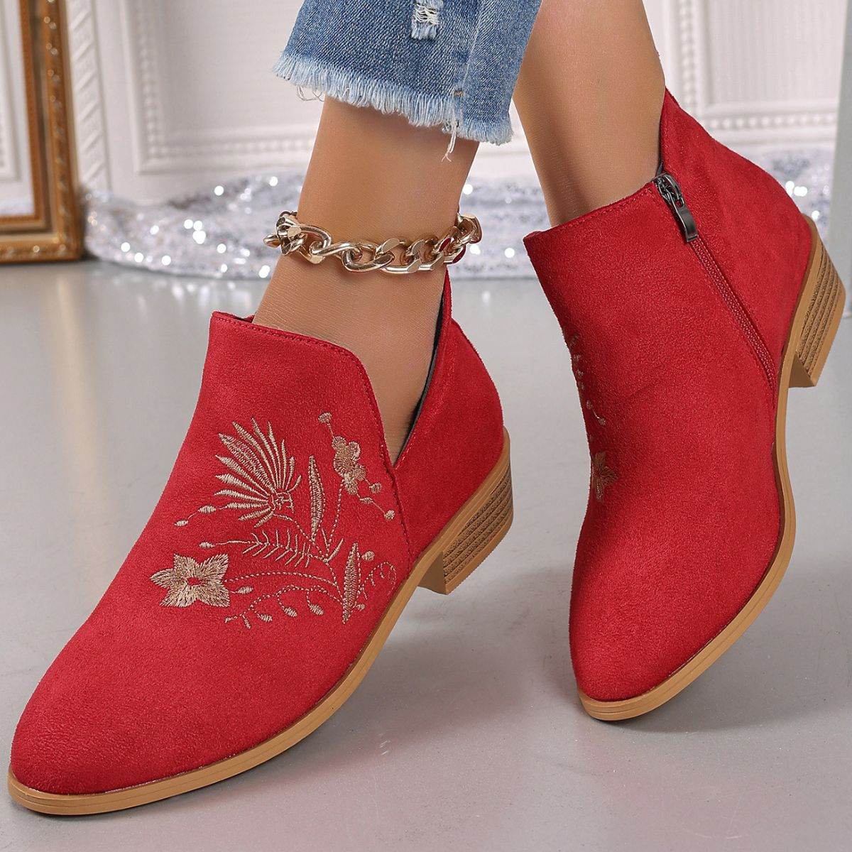 Embroidered Suede Point Toe Block Heel Boots - Delanoir