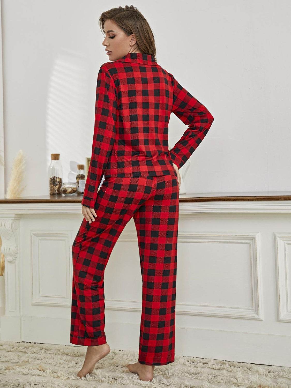Plaid Collared Neck Long Sleeve Top and Pants Lounge Set - Delanoir