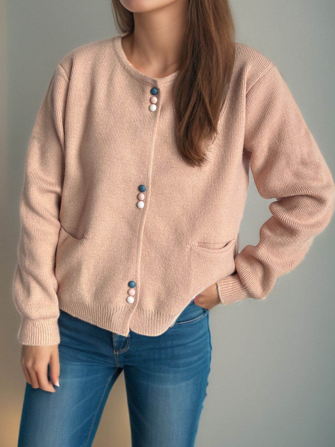 Button Down Long Sleeve Cardigan with Pockets - Delanoir
