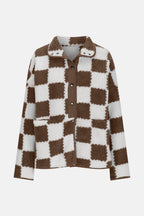 Checkered Snap Down Long Sleeve Teddy Jacket - Delanoir