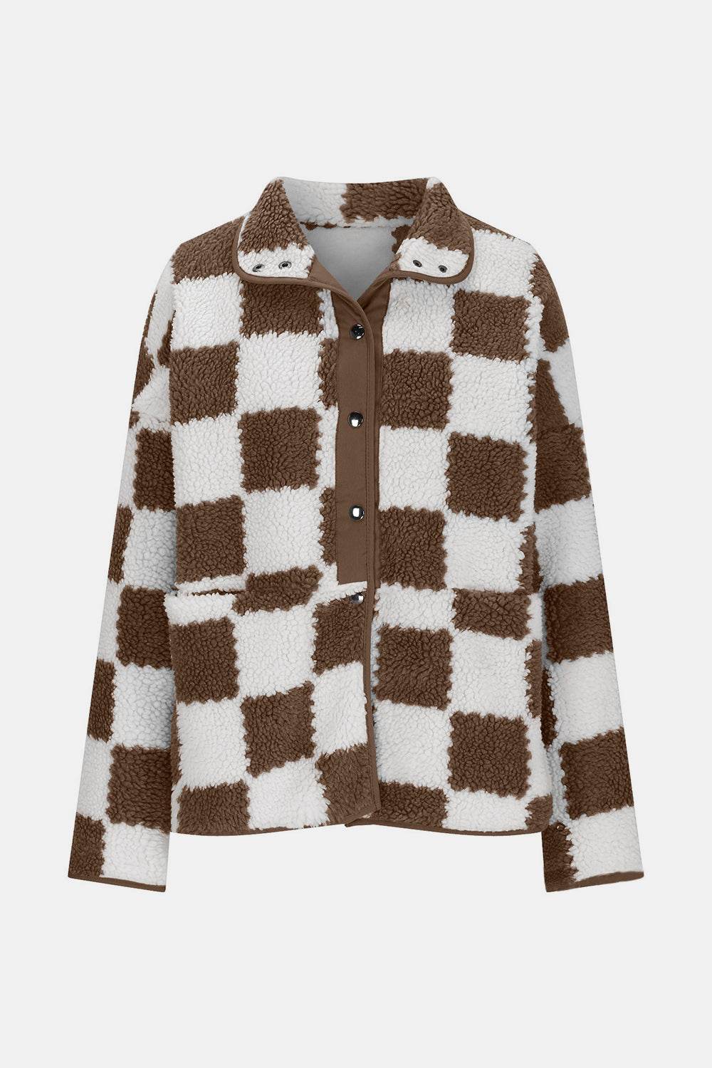 Checkered Snap Down Long Sleeve Teddy Jacket - Delanoir
