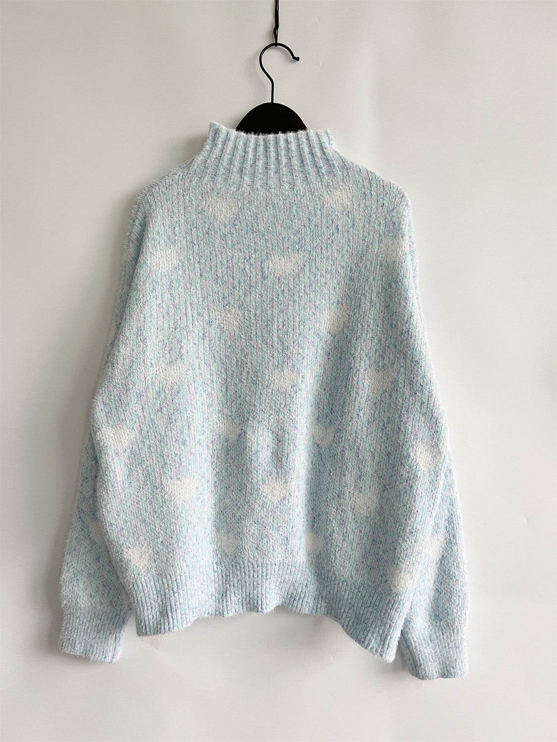 Heart Heathered Turtleneck Drop Shoulder Sweater - Delanoir