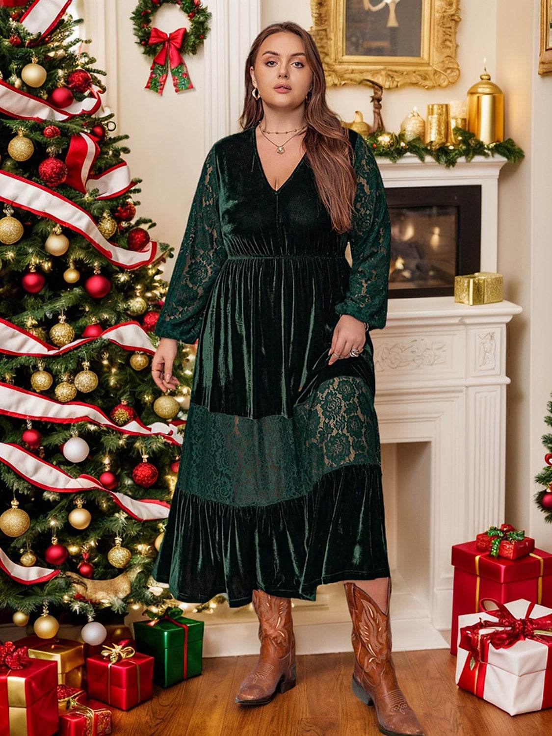 Plus Size Lace Patchwork V-Neck Balloon Sleeve Midi Dress - Delanoir
