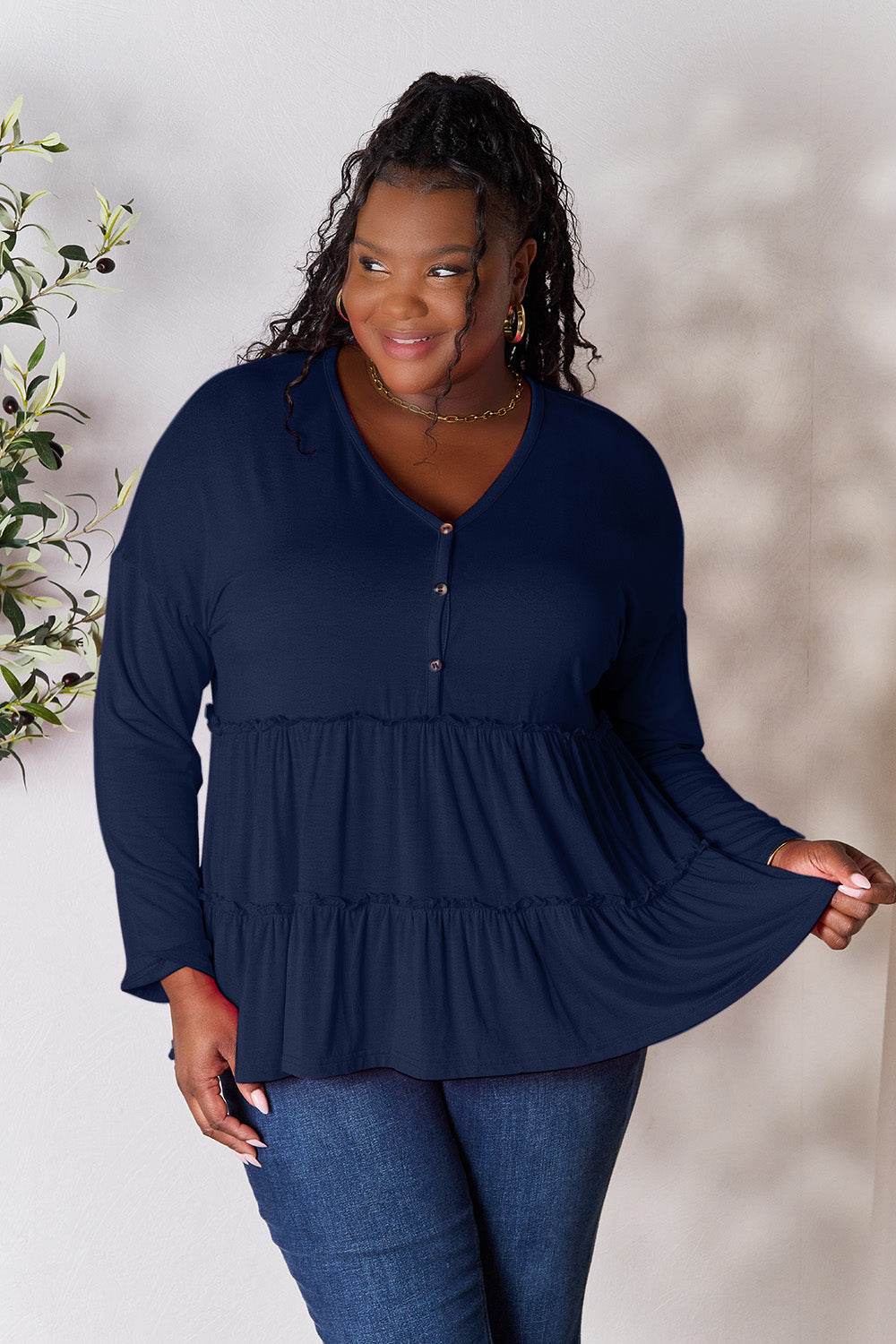 Double Take Half Button Long Sleeve Ruffle Hem Blouse - Delanoir