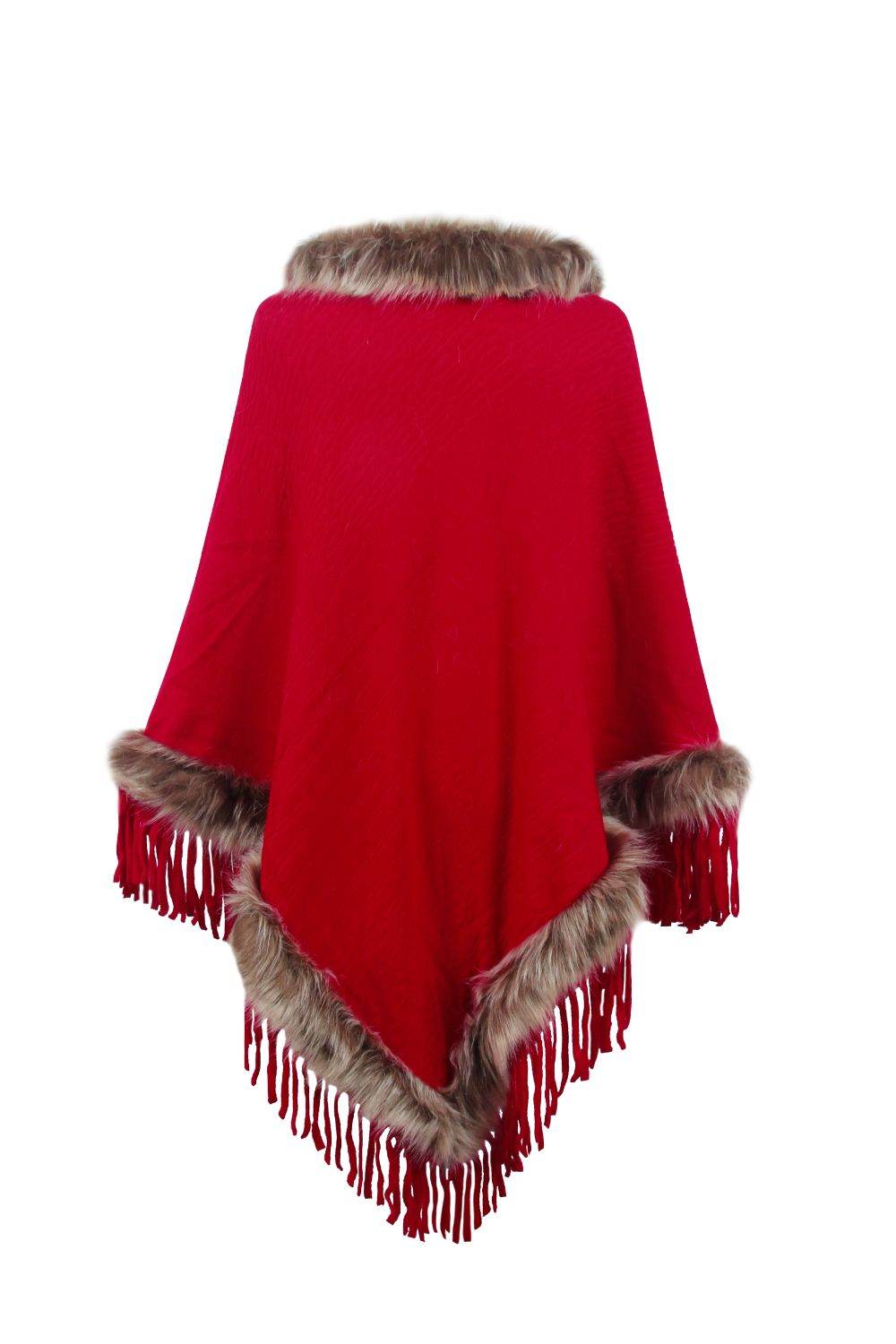 Faux Fur Trim Fringed Poncho - Delanoir