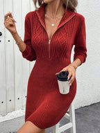 Perfee Cable-Knit Half Zip Long Sleeve Sweater Dress - Delanoir
