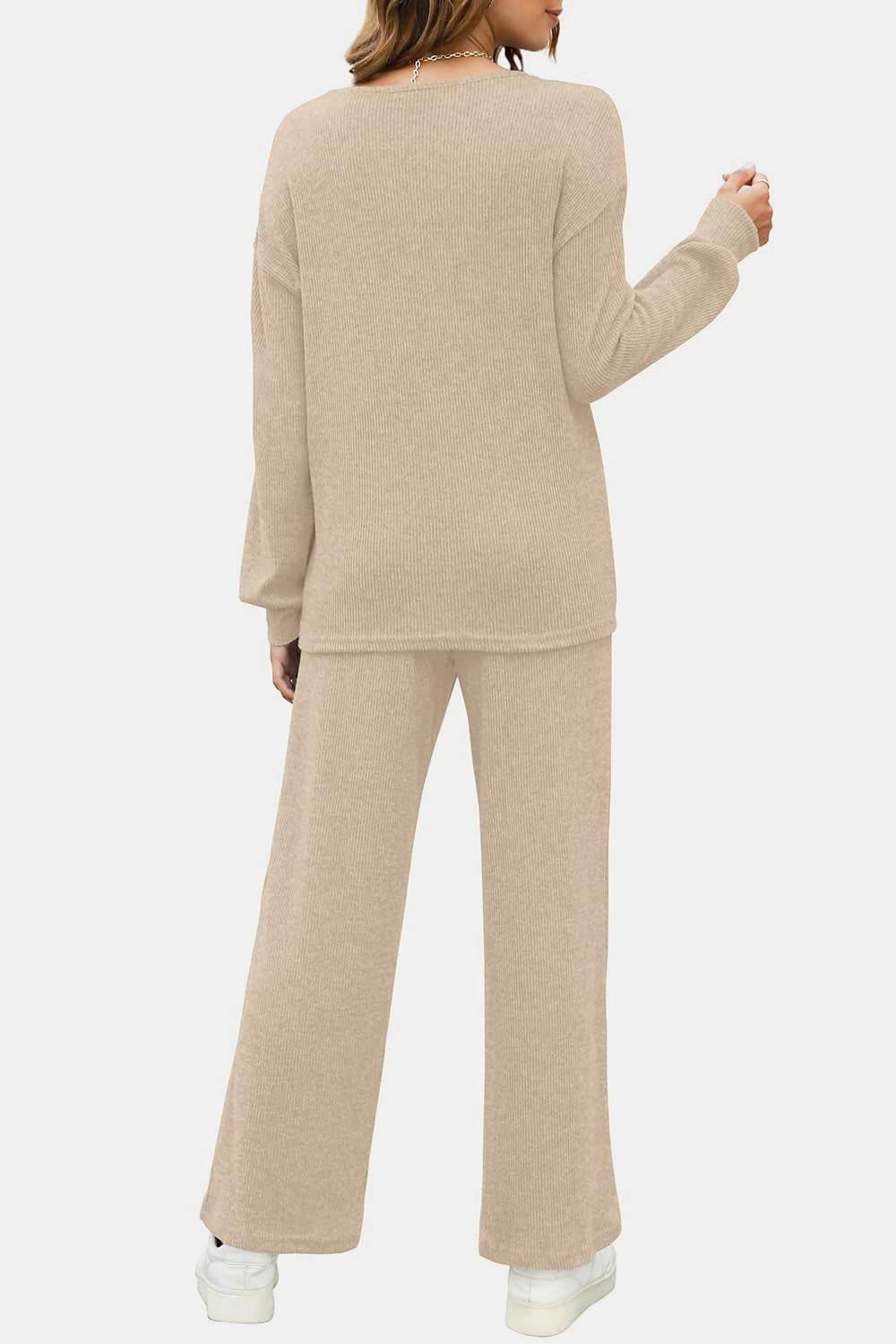 Round Neck Long Sleeve Top and Pants Set - Delanoir