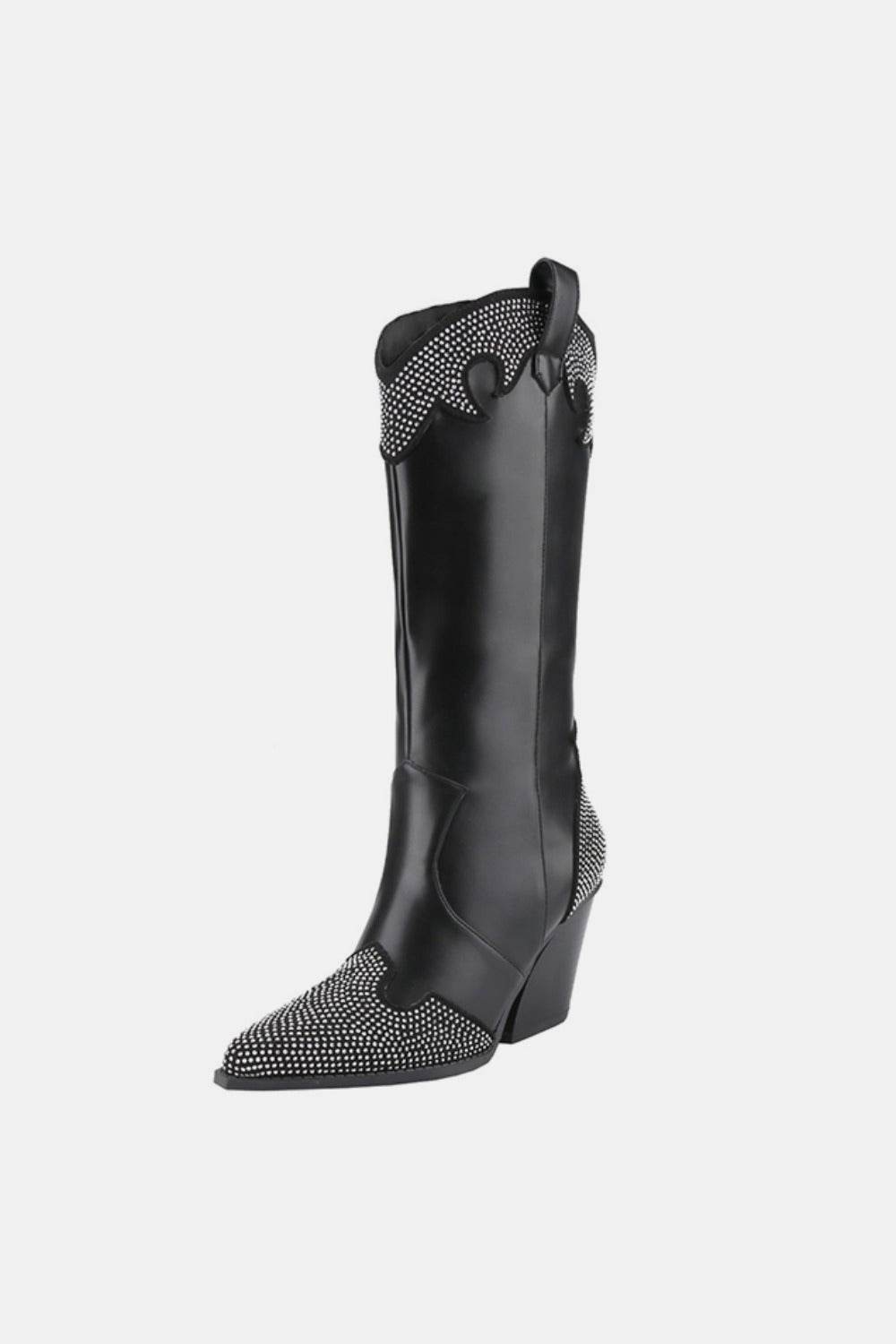 Weeboo Chunky Heel Rhinestone Decor Western Boots - Delanoir