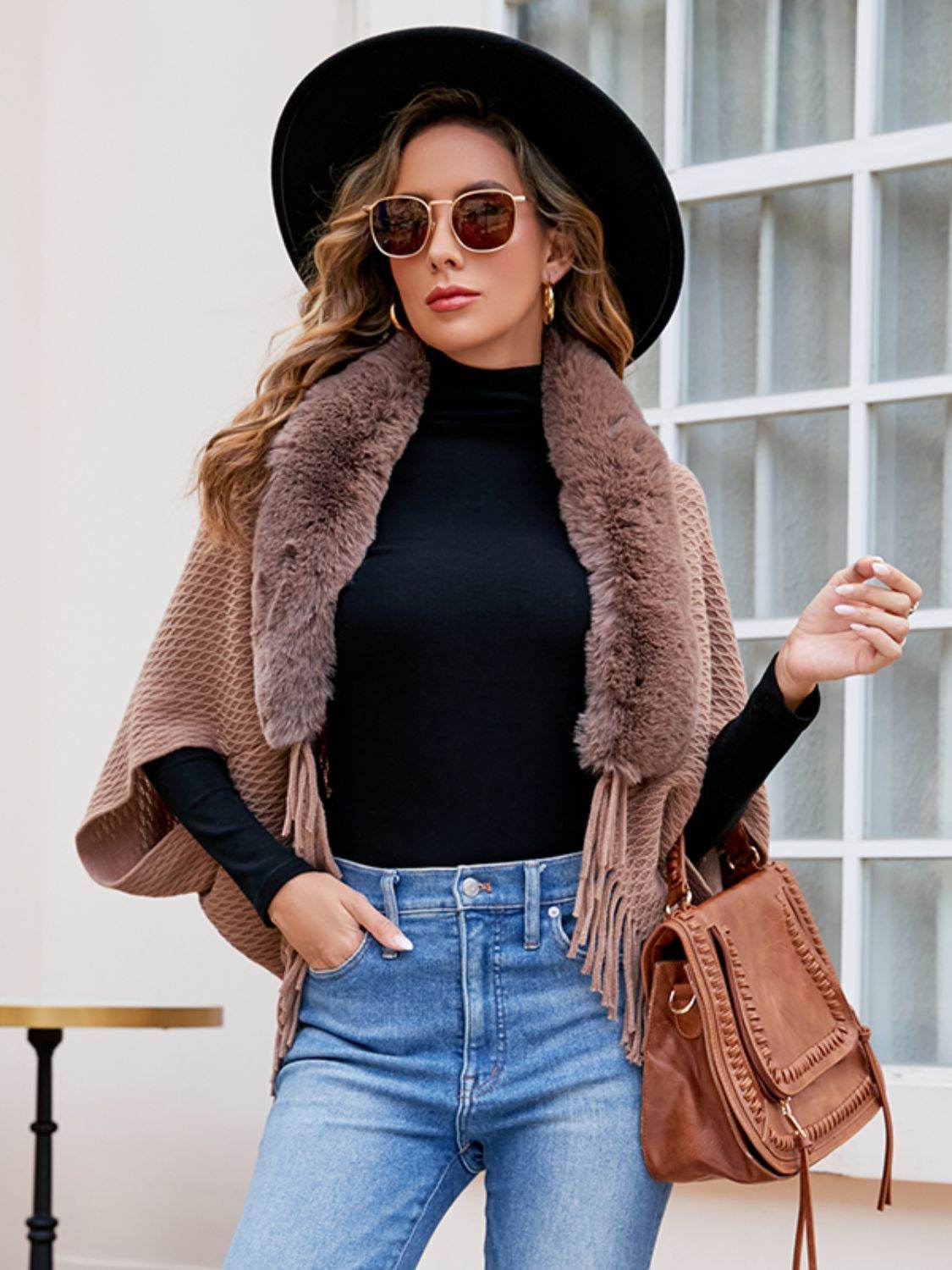 Open Front Fringe Hem Poncho - Delanoir
