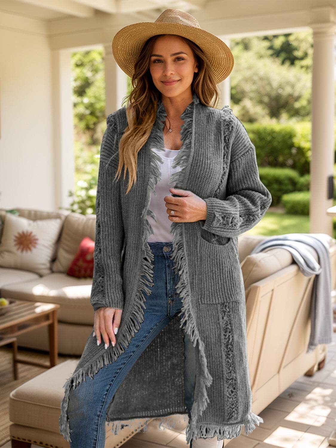 Fringe Open Front Long Sleeve Cardigan - Delanoir
