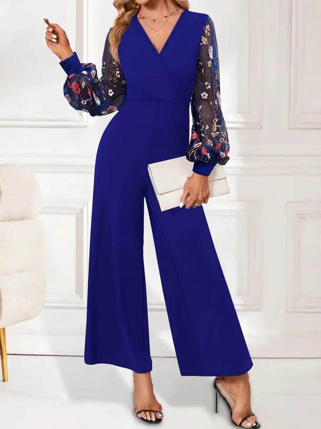 Surplice Embroidered Long Sleeve Wide Leg Jumpsuit - Delanoir
