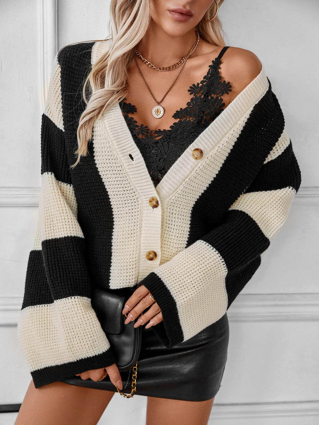 Waffle-Knit V-Neck Striped Long Sleeve Cardigan - Delanoir