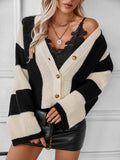 Waffle-Knit V-Neck Striped Long Sleeve Cardigan - Delanoir