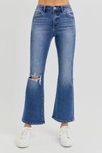 RISEN Full Size Distressed High Rise Crop Flare Jeans - Delanoir
