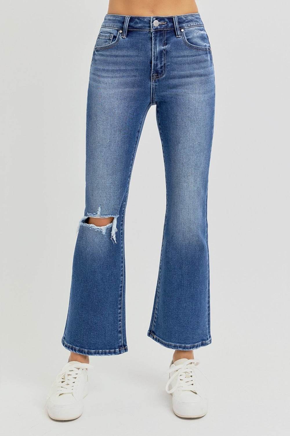 RISEN Full Size Distressed High Rise Crop Flare Jeans - Delanoir