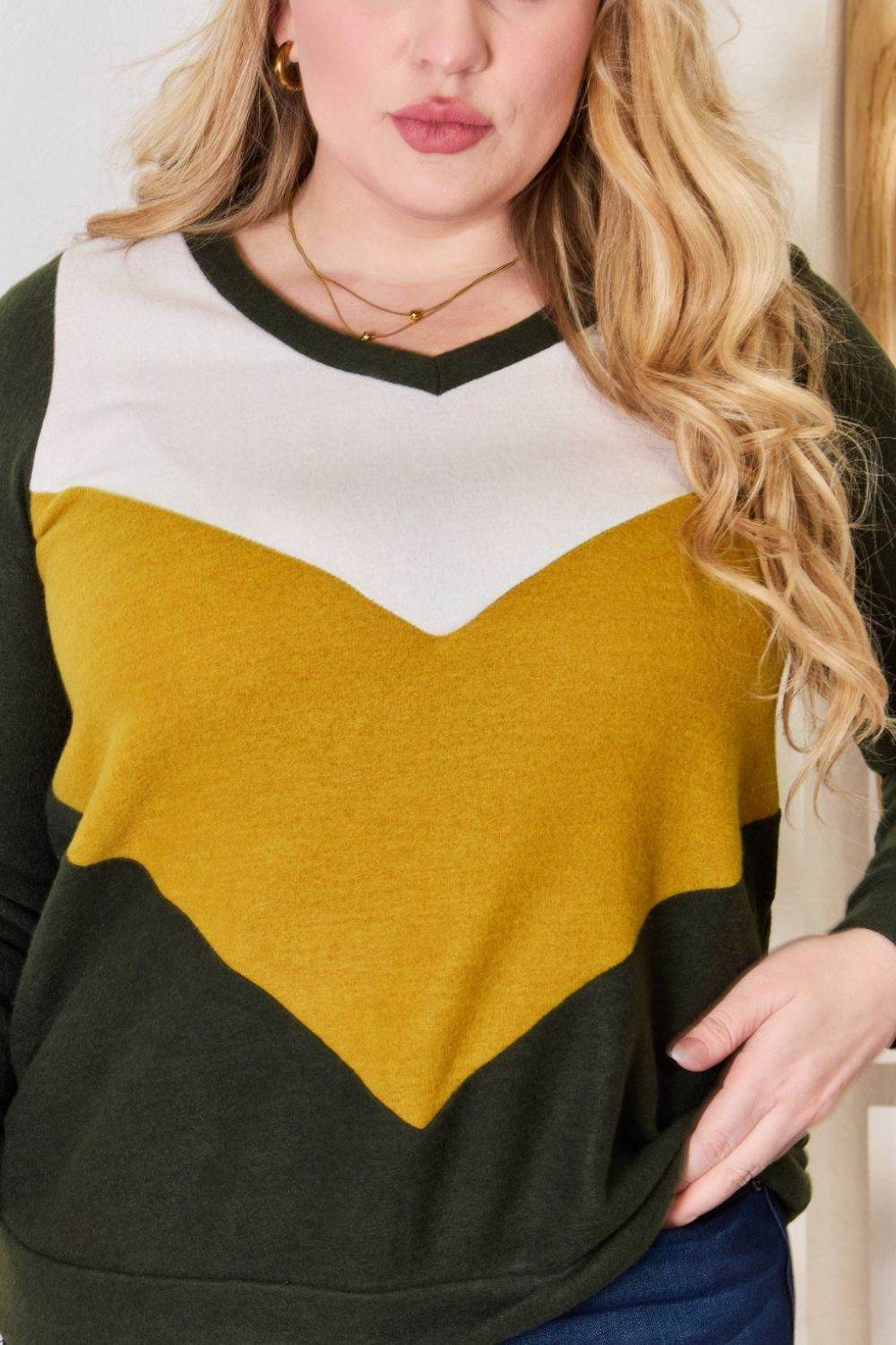 Hailey & Co Full Size Colorblock V-Neck Blouse - Delanoir