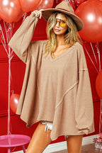 BiBi V-Neck Waffle Uneven Hem Top - Delanoir