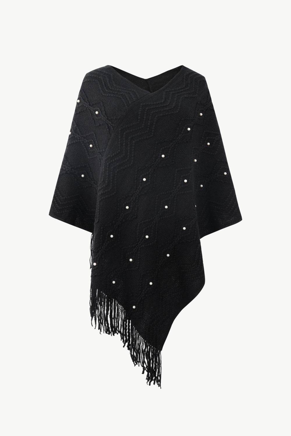 Pearl Trim V-Neck Fringe Hem Poncho - Delanoir