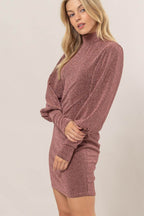 HYFVE Glitter Mock Neck Long Sleeve Mini Dress - Delanoir
