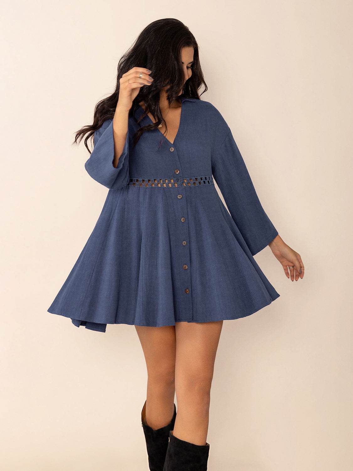 Cutout Johnny Collar Long Sleeve Mini Dress - Delanoir