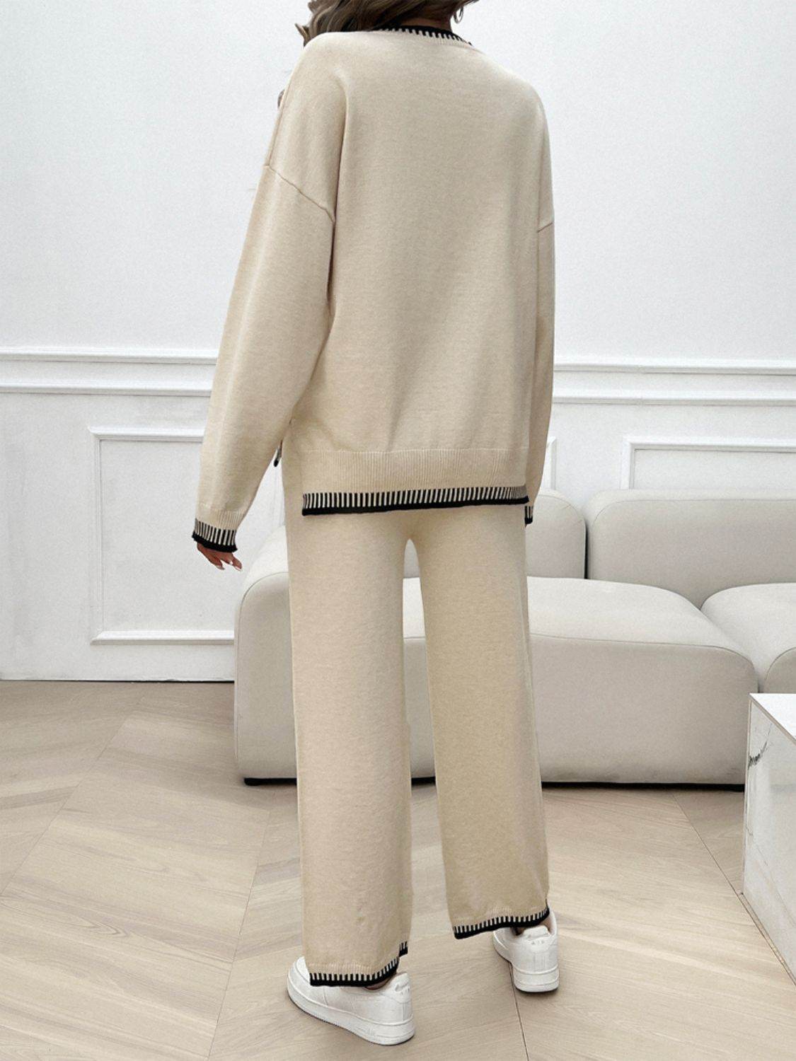 Devine Round Neck Dropped Shoulder Top and Pants Sweater Set - Delanoir