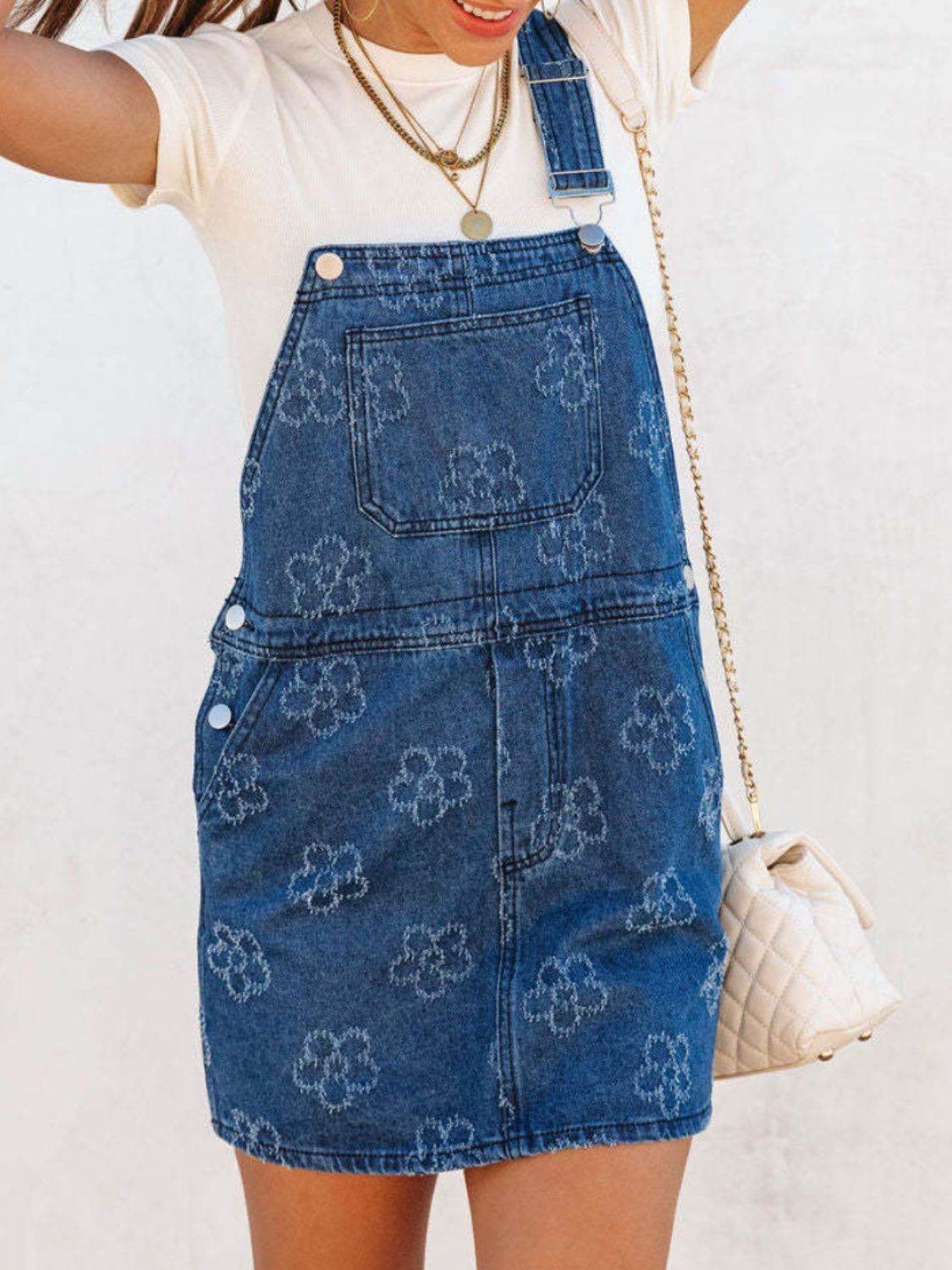 Flower Wide Strap Denim Overall Dress with Pockets - Delanoir