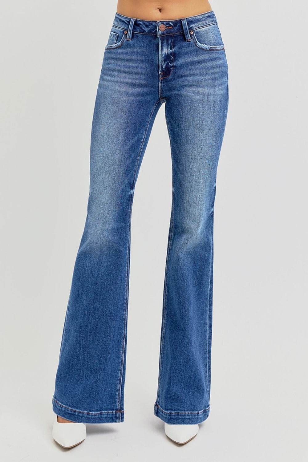 RISEN Full Size Low Rise Flare Jeans with Pockets - Delanoir