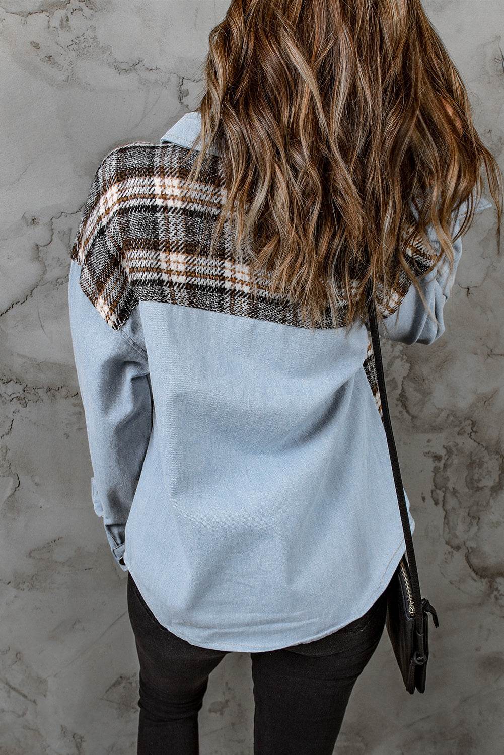 Plaid Pocketed Button Up Denim Jacket - Delanoir