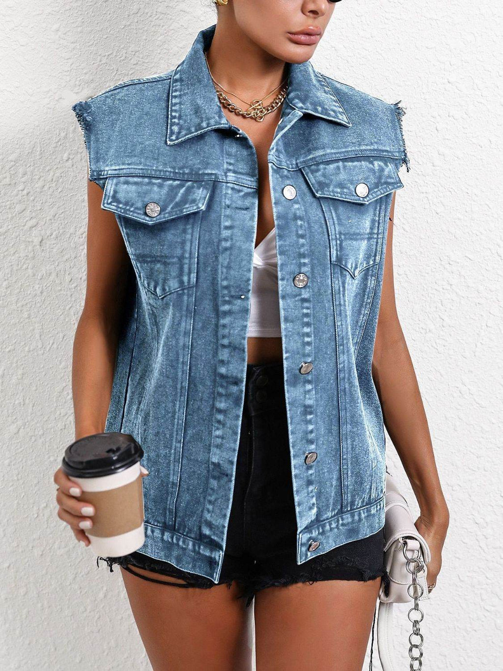 Pocketed Collared Neck Sleeveless Denim Top - Delanoir