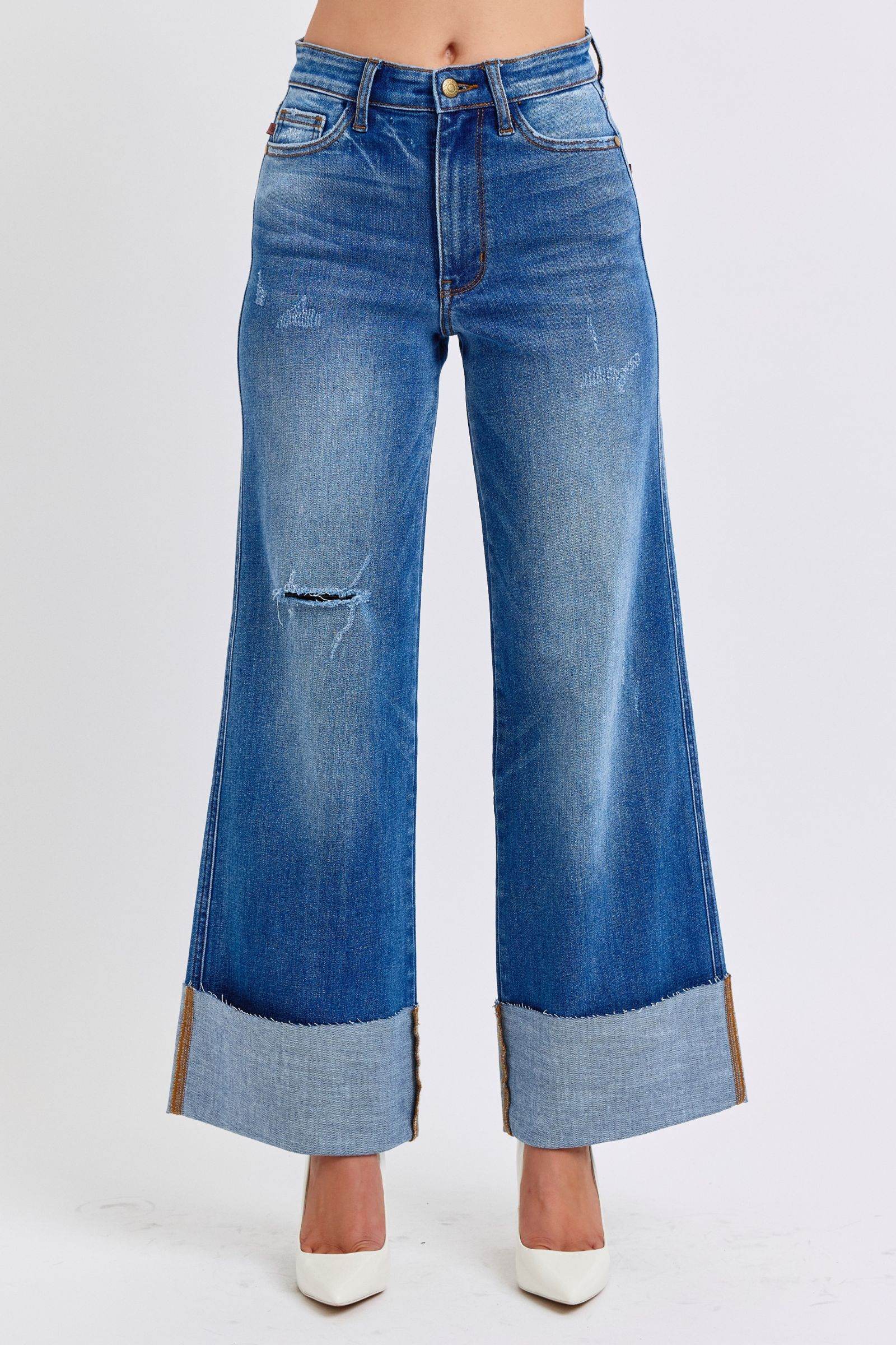 Judy Blue Full Size Distressed High Waist Wide Leg Jeans - Delanoir