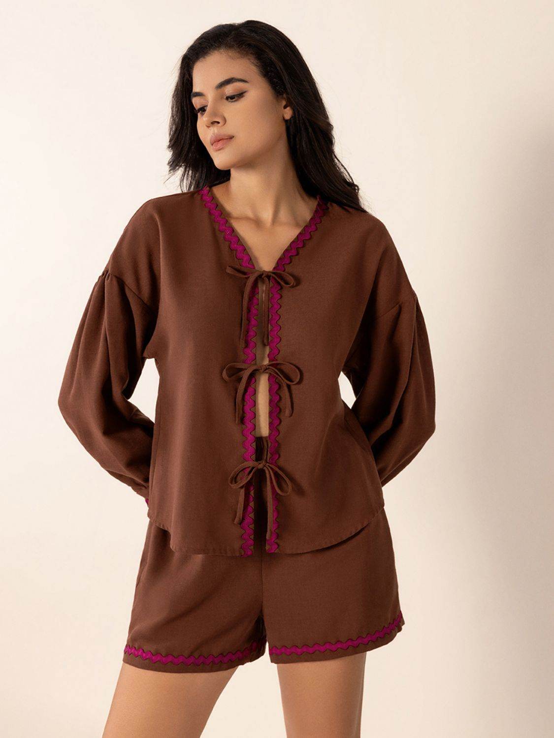 Tied V-Neck Long Sleeve Top and Shorts Set - Delanoir