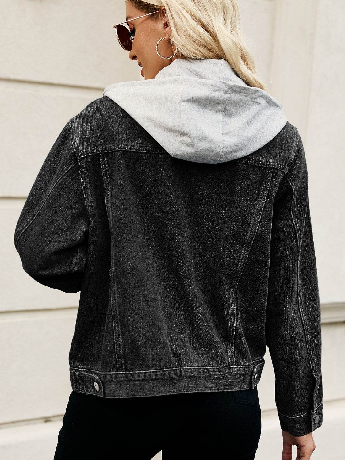 Drawstring Hooded Button Up Denim Jacket - Delanoir