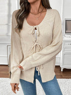 Perfee Tied Round Neck Long Sleeve Cardigan - Delanoir