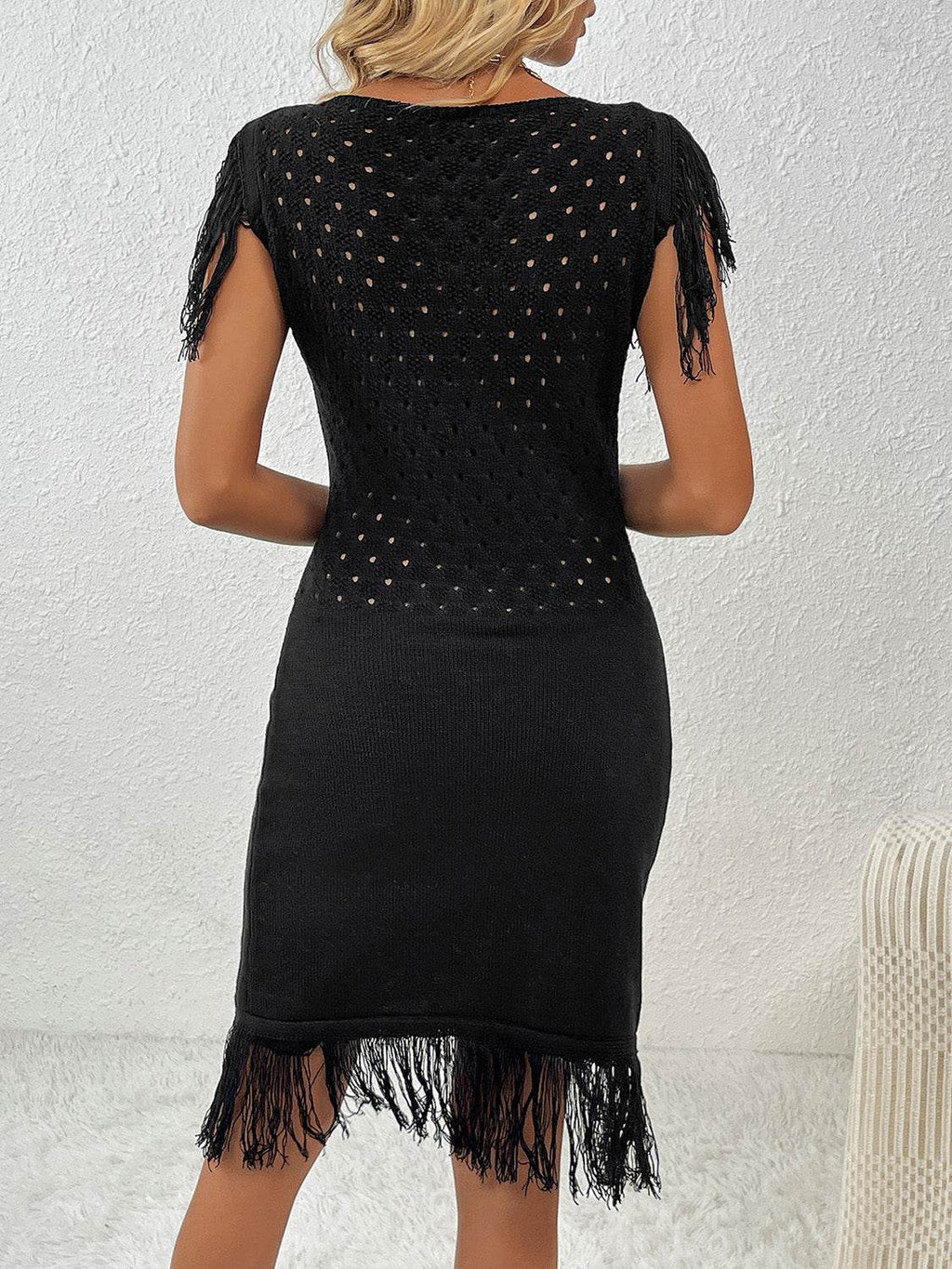 Fringe Openwork Boat Neck Knit Dress - Delanoir