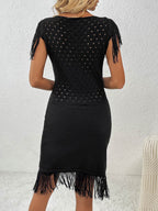 Fringe Openwork Boat Neck Knit Dress - Delanoir