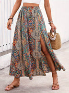 Slit Printed Elastic Waist Skirt - Delanoir