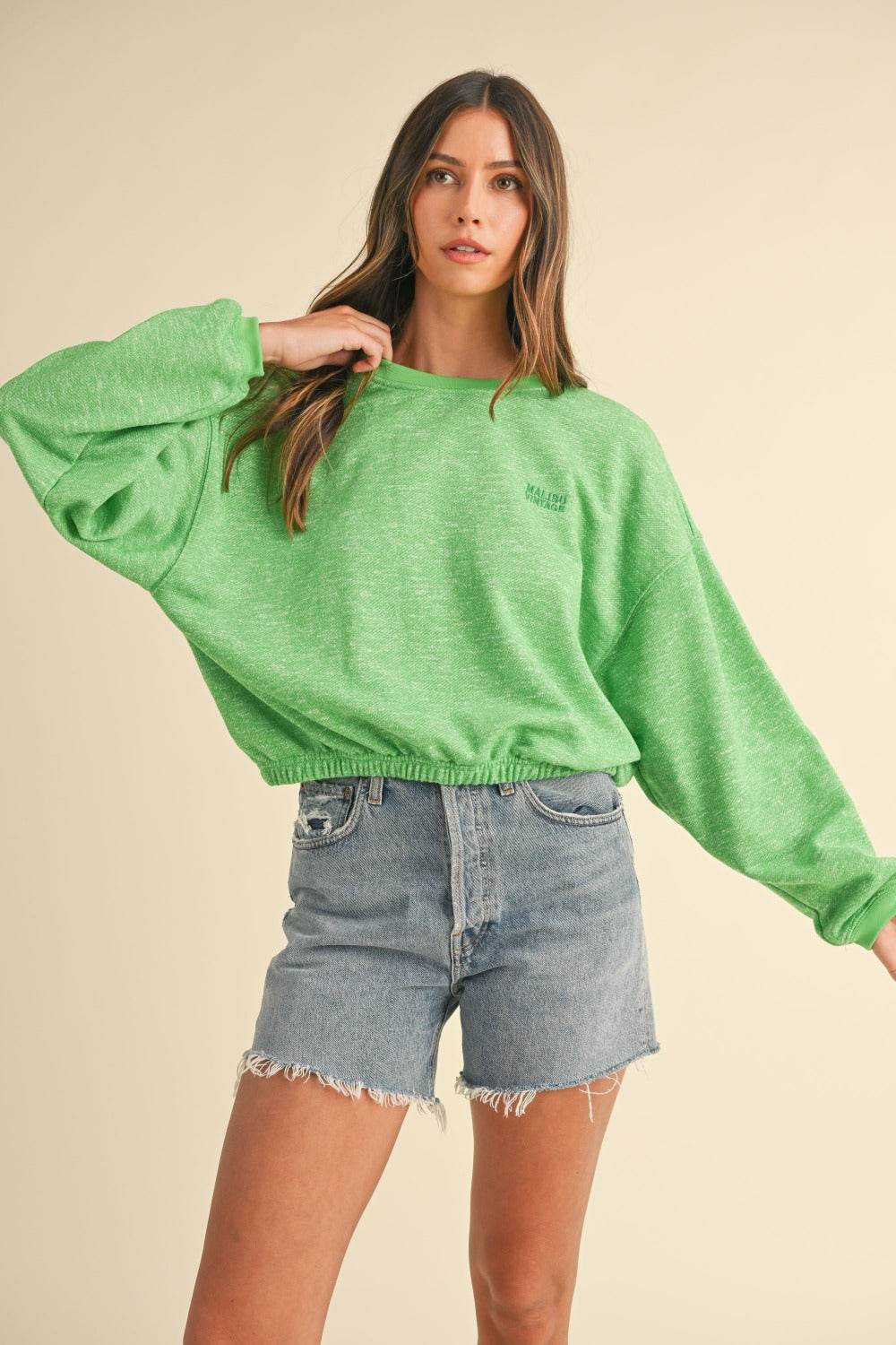 Mable Round Neck Letter Embroidery Crop Sweatshirt - Delanoir