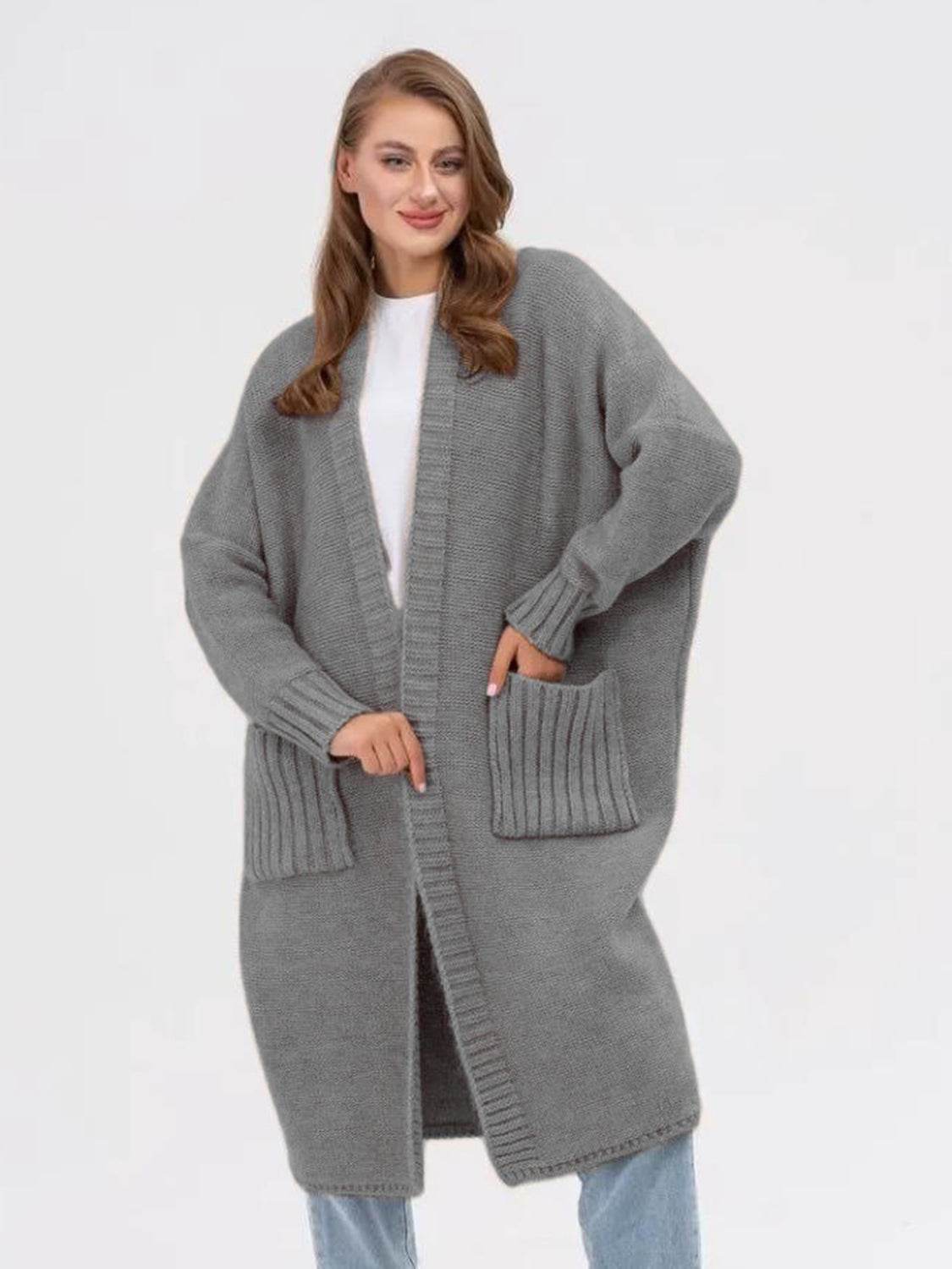 Pocketed Open Front Long Sleeve Longline Cardigan - Delanoir