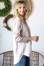First Love Full Size Ditsy Dot Button Down Collared Satin Shirt - Delanoir