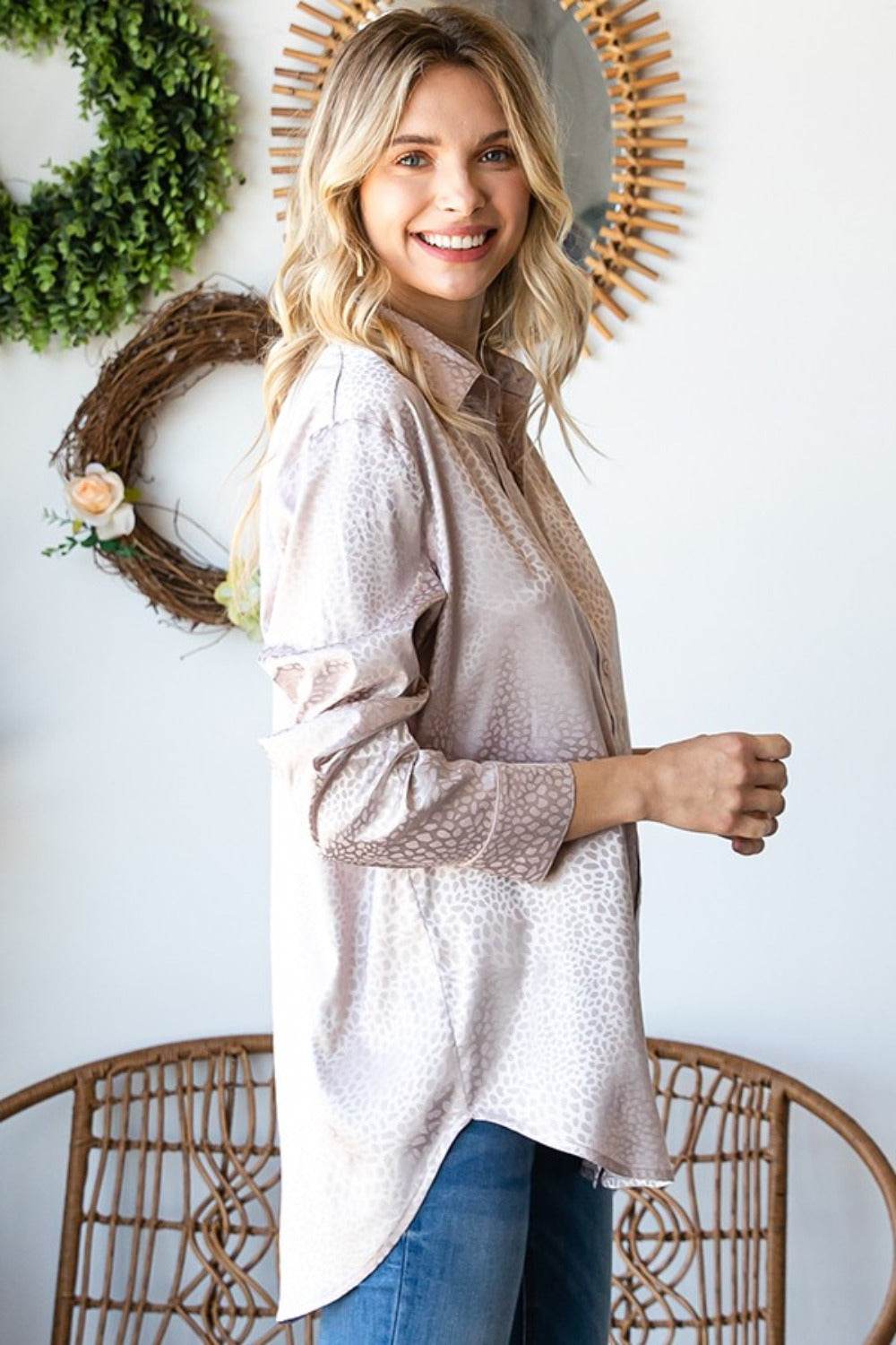 First Love Full Size Ditsy Dot Button Down Collared Satin Shirt - Delanoir