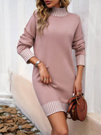 Devine Striped Mock Neck Long Sleeve Sweater Dress - Delanoir