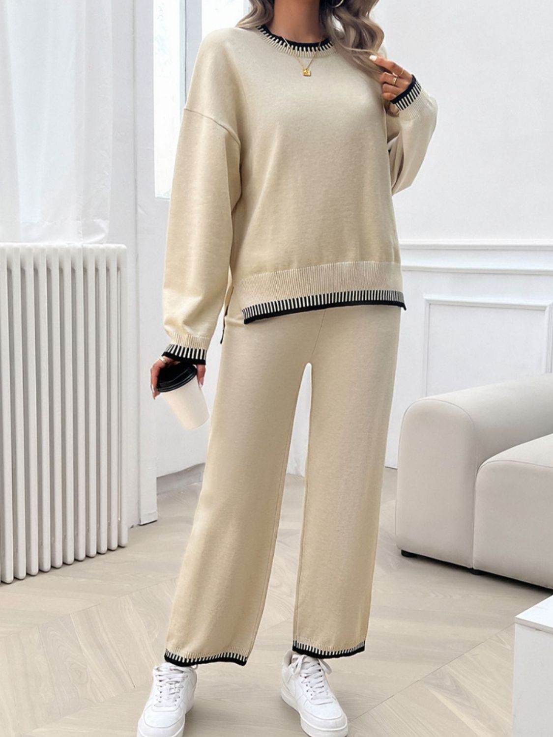 Devine Round Neck Dropped Shoulder Top and Pants Sweater Set - Delanoir