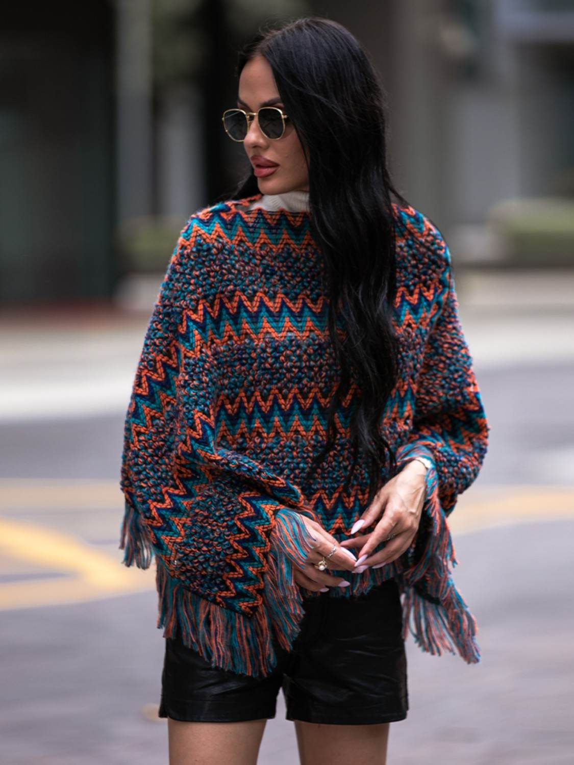 Shiny Fringe Hem Boat Neck Poncho - Delanoir