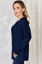 Basic Bae Full Size Ribbed Half Button Long Sleeve T-Shirt - Delanoir