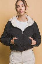 Love Tree Zip Up Cropped Hooded Sherpa Reversible Jacket - Delanoir