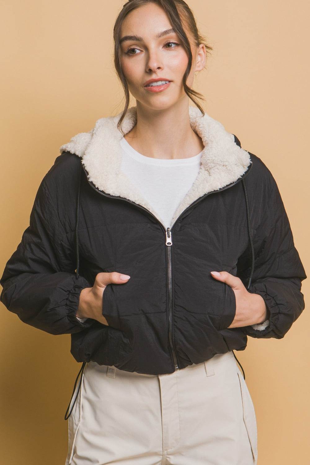 Love Tree Zip Up Cropped Hooded Sherpa Reversible Jacket - Delanoir