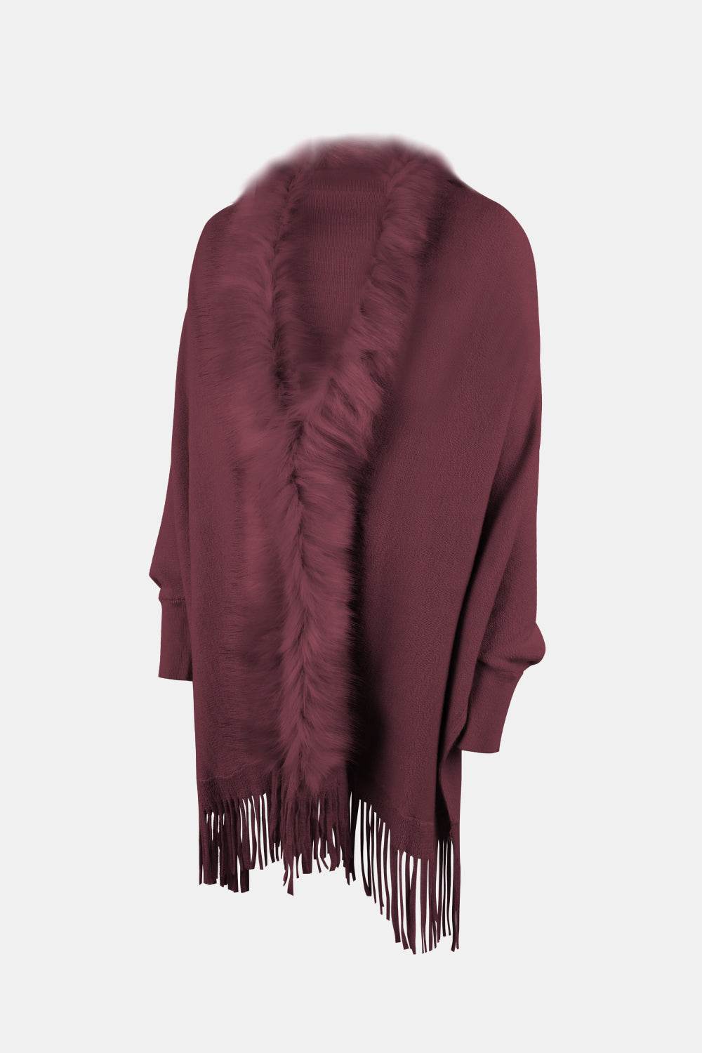 Fringe Open Front Long Sleeve Poncho - Delanoir