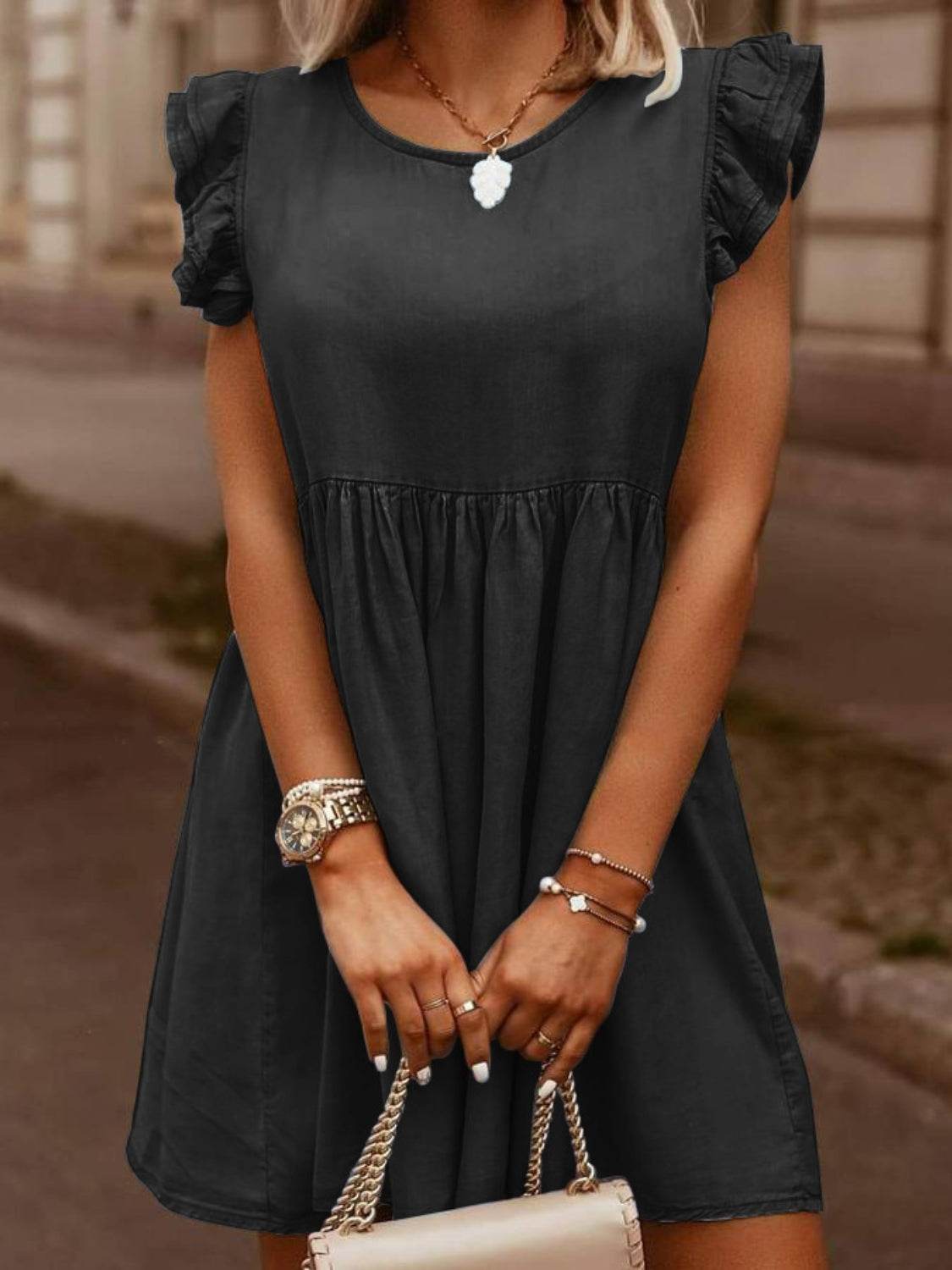 Full Size Ruffled Round Neck Cap Sleeve Denim Dress - Delanoir