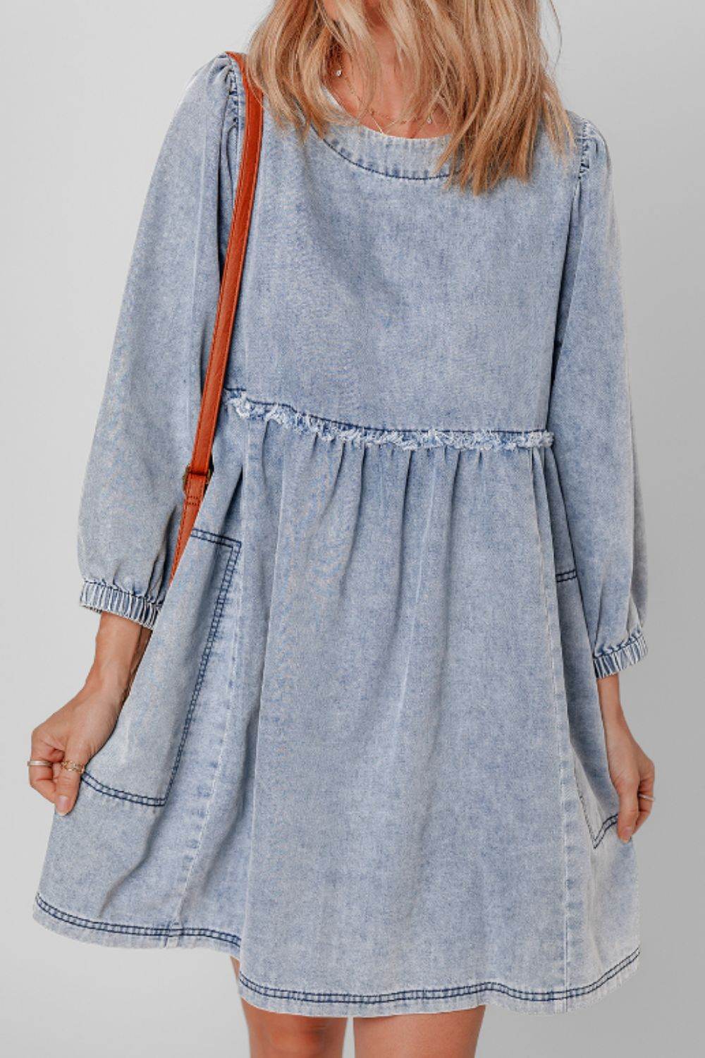 Cutout Round Neck Balloon Sleeve Denim Dress - Delanoir