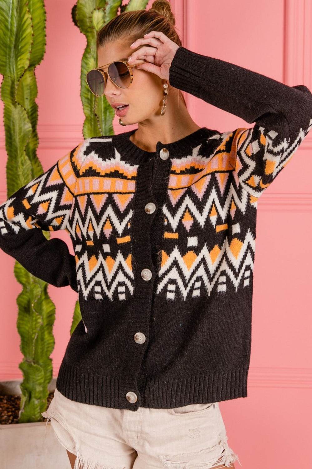 BiBi Ethnic Pattern Button Up Knit Cardigan - Delanoir